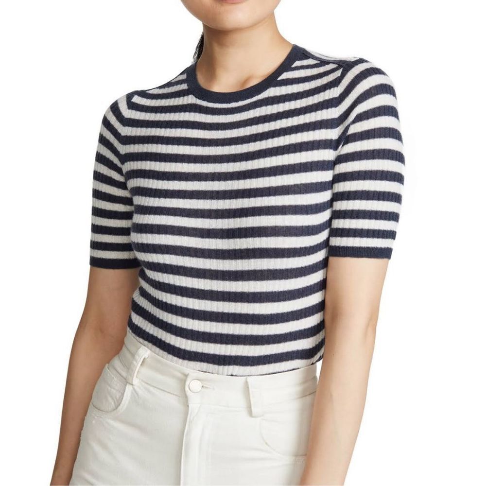 Vince Stripe Ribbed Cashmere Sweater Short Sleeve Blue & White Women's Size L/XL